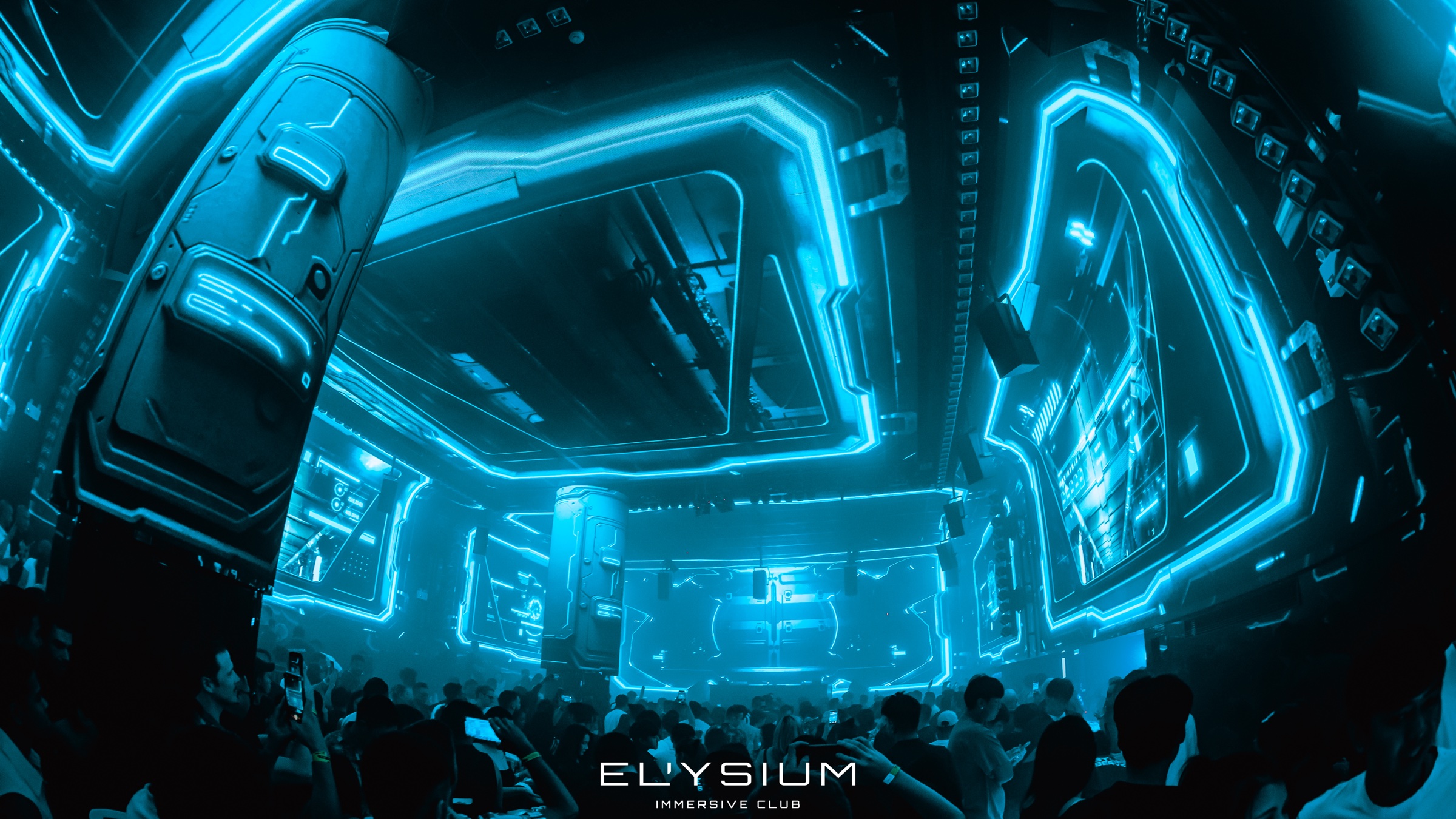 Elysium immersive club cyan neon interior and crowd