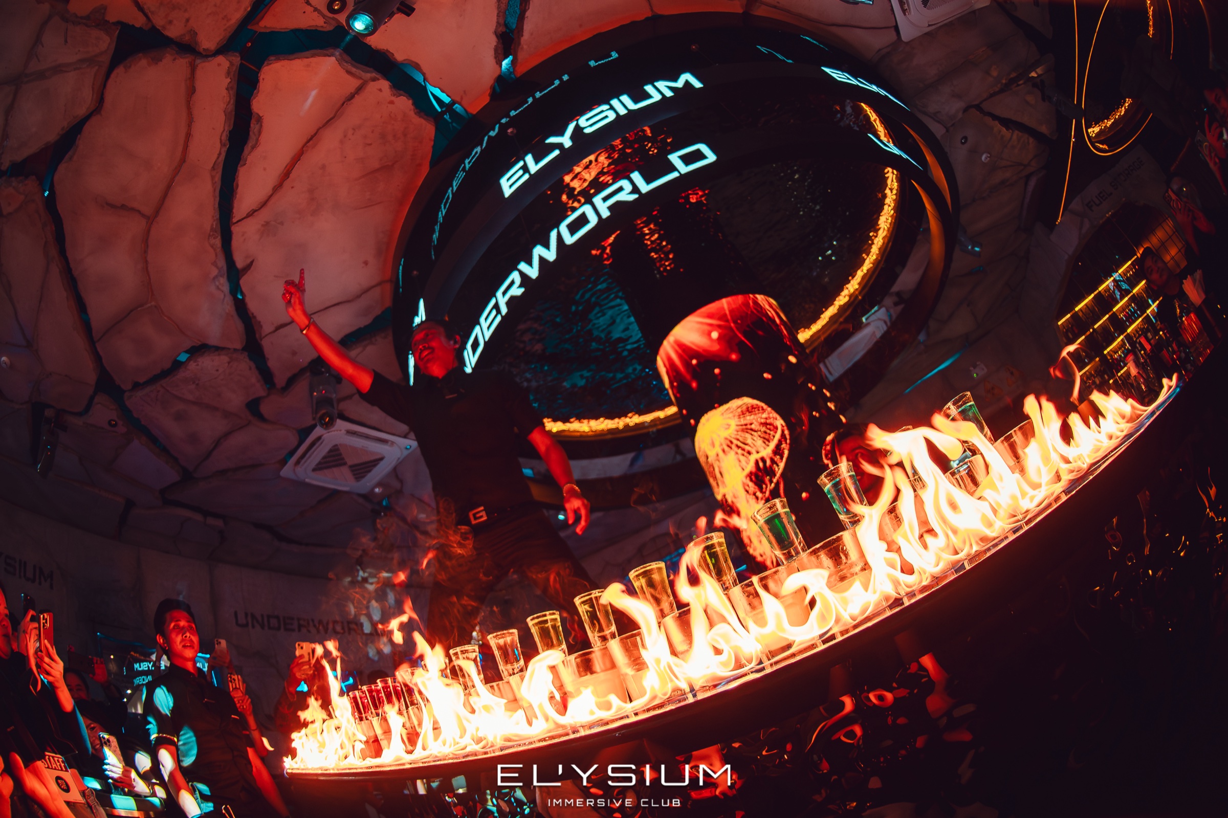 Elysium Underworld floor fire bar and LED display